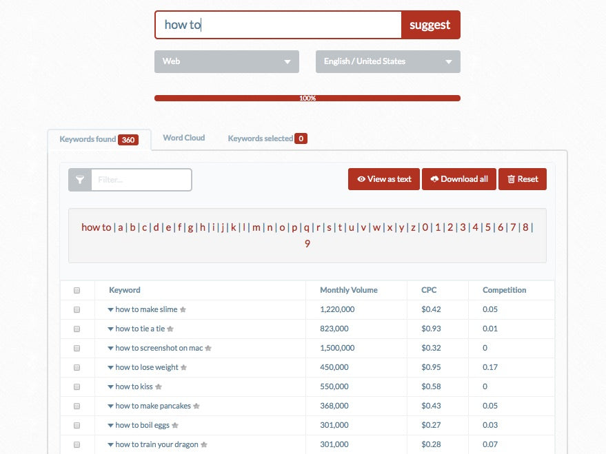 Ubersuggest   : Генерировать идеи с ключевыми словами из длинного хвоста